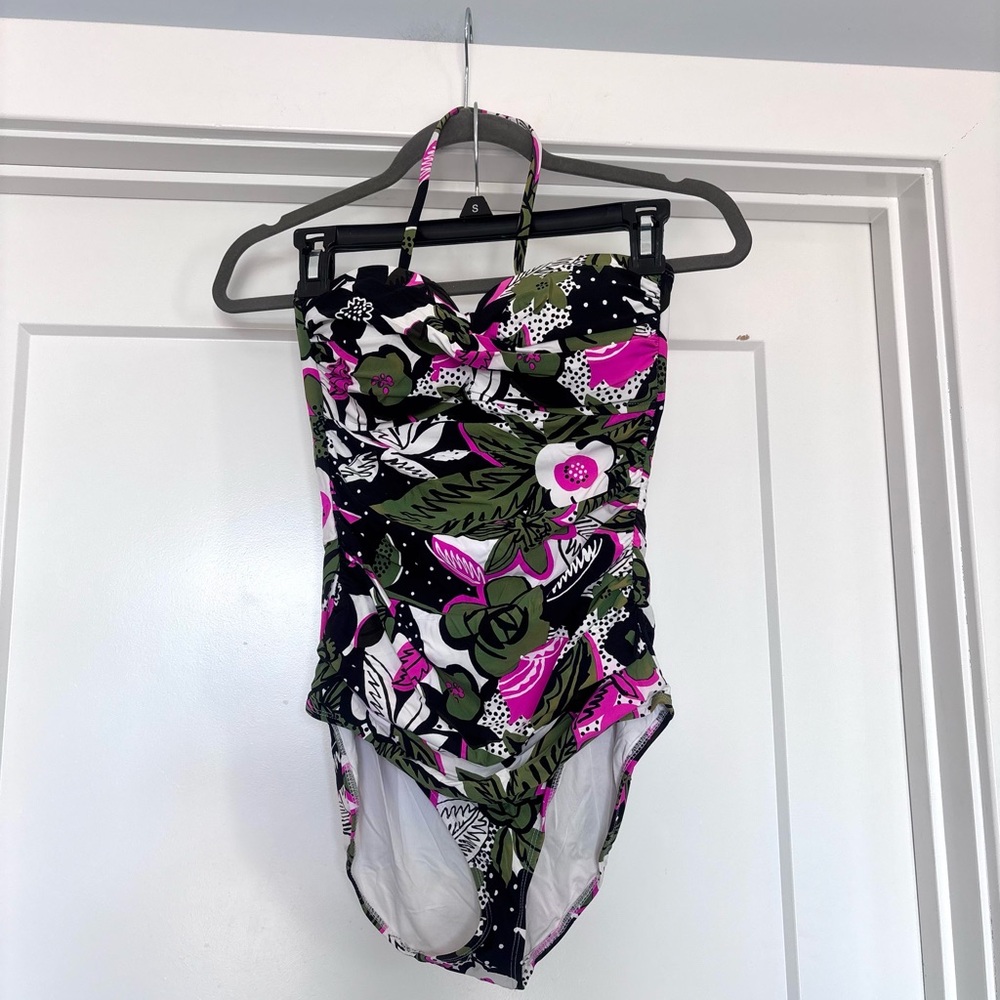 Anne Cole Pink, White & Black Floral Cinched Sides One Piece Bathing Suit Sz 6